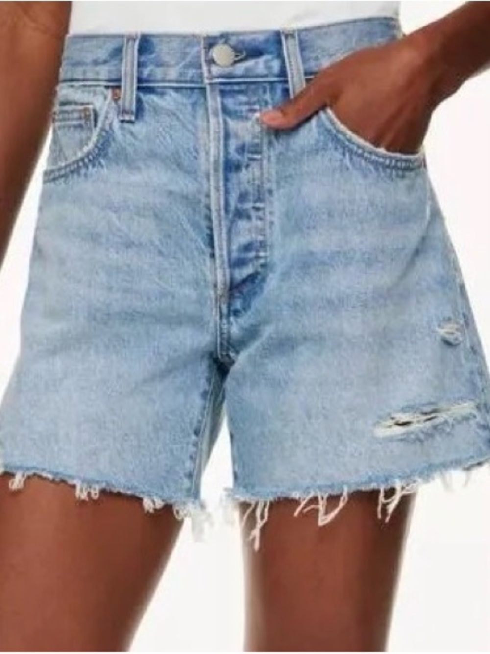 Denim Forum Ex Boyfriend High-Rise Distressed Jean Shorts- light blue - Picture 1 of 6